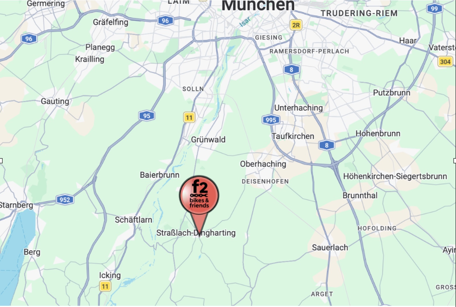 Anfahrtskarte aus dem Großraum München zur f2-bikes-Werkstatt in Großdingharting
